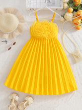 Young Girls' Fashion Solid Color 3D Floral Decor Camisole Elastic Waist A-Line Pleated Dress